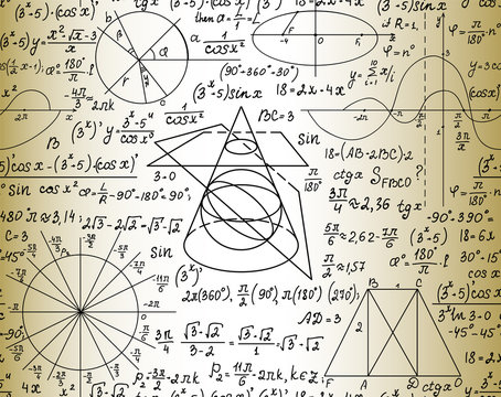 Scientific mathematical vector seamless pattern with handwritten formulas, geometrical figures and equations, shuffled together. Old paper effect