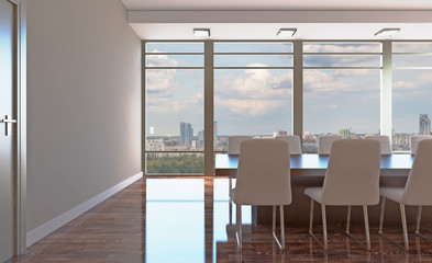 Conference room with wooden table. 3D rendering.