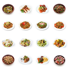 Collage of restaurant dishes isolated on white