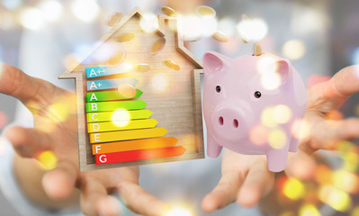 Businesswoman saving money with good energy chart rating 3D rendering