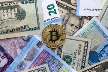 Fototapeta na wymiar Bitcoin US dollars UK Pound EU Euro