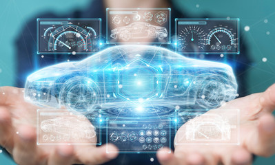 Businesswoman using modern smart car interface 3D rendering