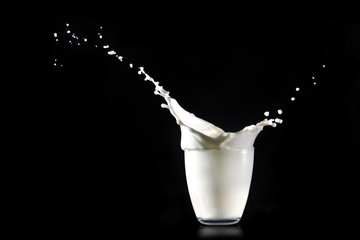 Lengthy milk splashes from a glass transparent glass on a black background.