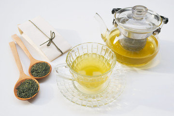 Hot green tea in teapot for relaxing therapy
