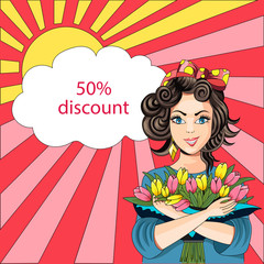 Beautiful card with a girl and a bouquet of tulips vector illustration