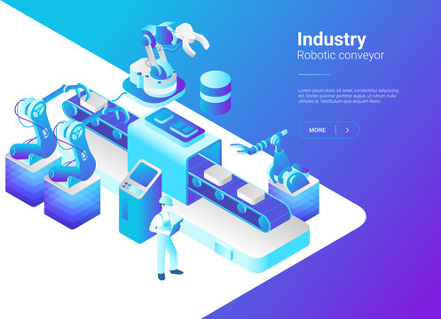 Isometric Flat Robotics Factory Conveyor vector. Robot industry