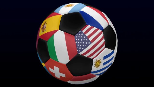 Soccer ball with flags turn around on black and dark blue background. Loopable. Luma matte. 3D rendering.