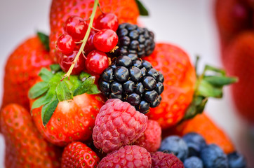 fresh fruits close up view - strawberry, blueberry, red berry, raspberry, blackberry