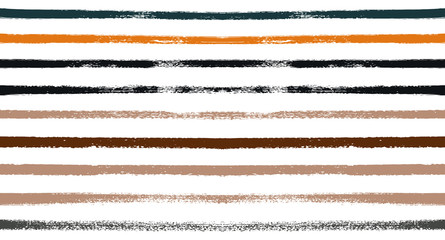Sailor Stripes Seamless Vector Summer Pattern. Autumn Color Brown, Orange, Blue, Red, Grey, White, Ocher Stripes. Hipster Vintage Retro Textile Design. Creative Horizontal Banner. Old Watercolor