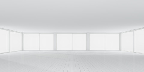 3D rendering of white room space with interior lighting and sun light cast the window shadow on the wall and plank wood floor,Perspective of minimal design architecture	