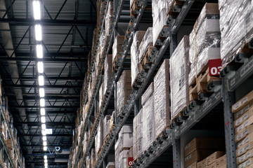 Industrial warehouses and shelves with boxes