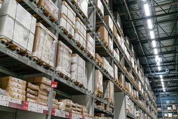 Industrial warehouses and shelves with boxes