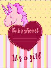A children's metric for a girl. Background for newborn with pink unicorn and beautiful gradient heart. Baby pattern background with dots and in gradient stripes.