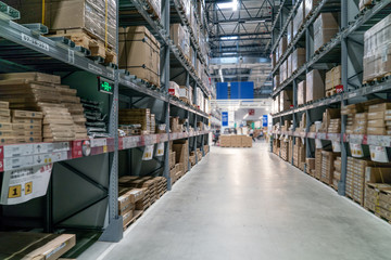 Industrial warehouses and shelves with boxes