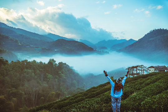 Woman Asian Travel Nature. Travel Relax. Natural Park On The Moutain. Thailand