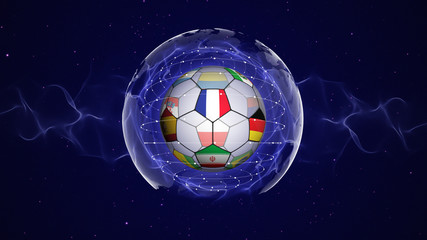 Soccer Ball and RUSSIA Flag in Blue Abstract Particles Ring, Background 