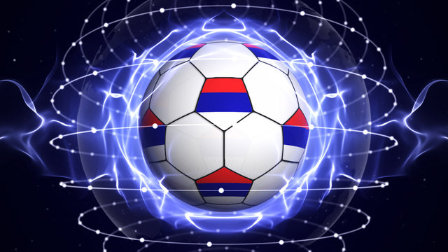 Soccer Ball and RUSSIA Flag in Blue Abstract Particles Ring, Background
