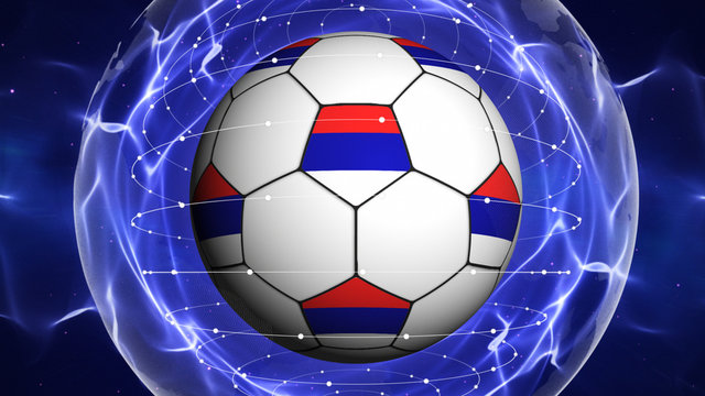 Soccer Ball and RUSSIA Flag in Blue Abstract Particles Ring, Background
