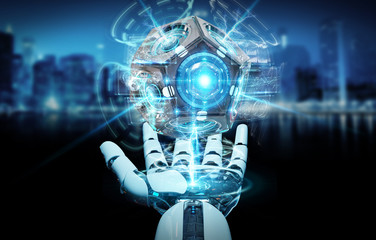 White humanoid hand using drone security camera 3D rendering