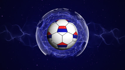 Soccer Ball and RUSSIA Flag in Blue Abstract Particles Ring, Background
