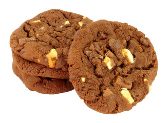 Triple chocolate chip cookies isolated on a white background