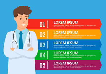 Man doctor standing with a infographics board. Can be used for diagram, workflow layout, banner, web design. Vector illustration.