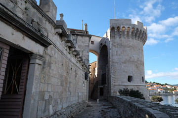 One of the towers in the ancient city wall of the historic city Korcula at the island Korcula in Croatia