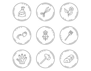 Hammer, hothouse and watering can icons.