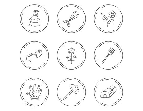 Hammer, hothouse and watering can icons.