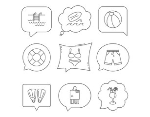 Surfboard, swimming pool and trunks icons.