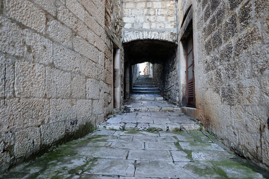 Narrow street in the old town of Korcula, Dalmatia, Croatia 