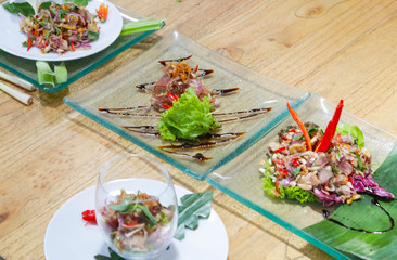Various meals on the table, creative restaurant meal concept,