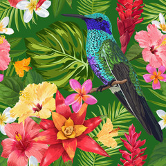 Obrazy  Kwiatowy wzór tropikalny z egzotycznych kwiatów i brzęczący ptak. Kwitnące kwiaty, ptaki i liście palmowe tło dla tkaniny, tapety, tekstylia. Ilustracja wektorowa