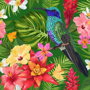 Floral Tropical Seamless Pattern with Exotic Flowers and Humming Bird. Blooming Flowers, Birds and Palm Leaves Background for Fabric, Wallpaper, Textile. Vector illustration