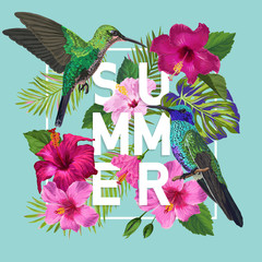 Tropical Summer Floral Poster with Hummingbird. Summertime Design with Hibiscus Flowers and Birds. Sale Banner with Palm Leaves. Vector illustration © wooster