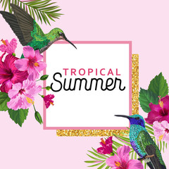 Tropical Summer Floral Poster with Hummingbird. Summertime Design with Hibiscus Flowers and Birds. Sale Banner with Palm Leaves and Golden Frame. Vector illustration