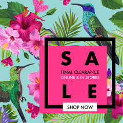 Summer Sale Banner with Tropical Flowers and Humming Birds. Floral Template for Promo, Discount Flyer, Voucher, Advertising. Vector illustration
