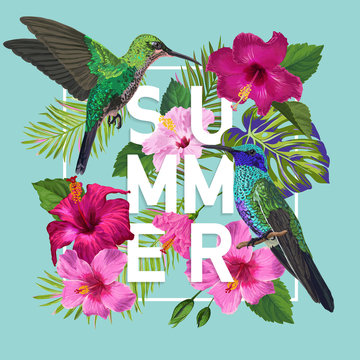 Tropical Summer Floral Poster with Hummingbird. Summertime Design with Hibiscus Flowers and Birds. Sale Banner with Palm Leaves. Vector illustration