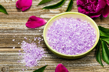 Purple Peony Rose Bath Salt Blend for Spa and Aromatherapy. Selective focus.