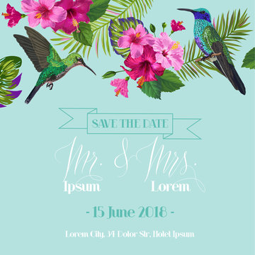 Wedding Invitation with Blooming Tropical Flowers and Hummingbirds. Save the Date Floral Card with Exotic Birds. Vector illustration