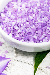 Purple Lilac and Clematis Salt for Spa and Aromatherapy. Selective focus.