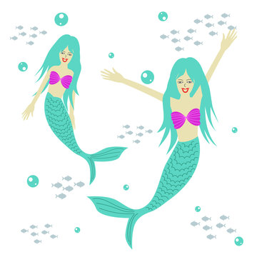 twin cute mermaid cartoon vector illustration, fantasy sea theme