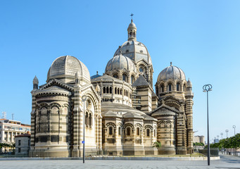 Rear view of the cathedral of Marseille, Sainte-Marie-Majeure also known as La Major, a neo-byzantine style building achieved in 1893 in La Joliette district, showing cupolas, chapels and turrets.