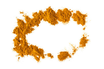 Turmeric is in the form of an oval frame. Isolated on white. Empty space for text or description.