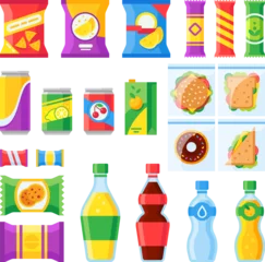 Poster Vending products. Snacks, chips, sandwich and drinks for vendor machine bar. Cold beverages and snack in plastic package vector icons © Tartila