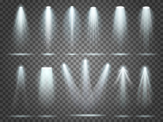 Beam of floodlight, illuminators lights, stage illumination spotlight. Night club party floodlights and spotlights lighting vector set