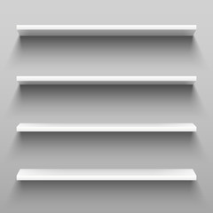Empty white shelves for home shelving furniture. Realistic group of racks, storage shelf with shadow or shop rack vector illustration