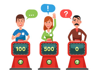 Naklejka premium Characters answer test question on intellect show. Pressing button and answering quiz questions. Game competition vector illustration
