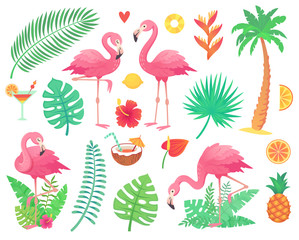 Pink flamingo and tropical plants. Beach palm, african plant leafs, rainforest flower, tropic palms leaf and rosy flamingos vector set - obrazy, fototapety, plakaty