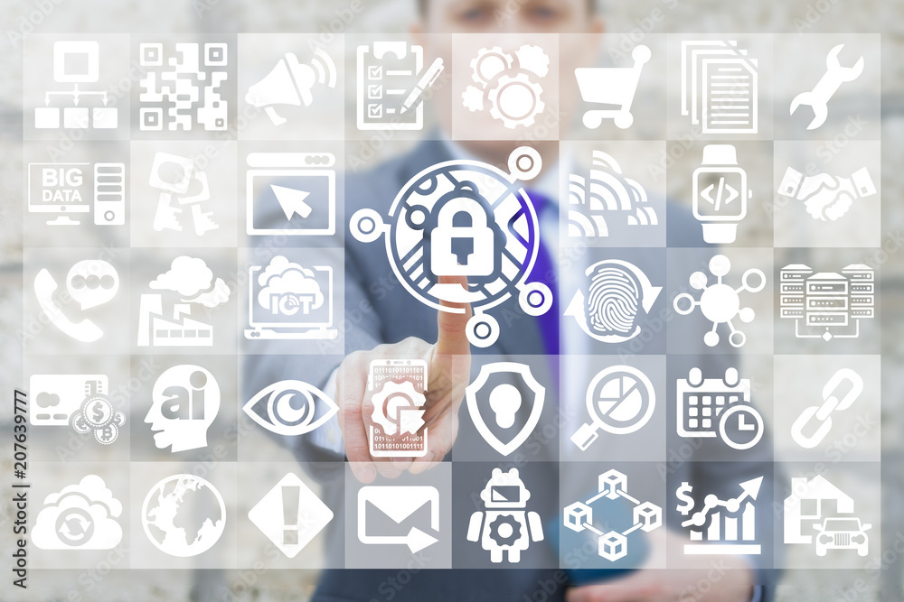 Poster safety concept. businessman clicks closed padlock with digital circuit microchip button surrounded b